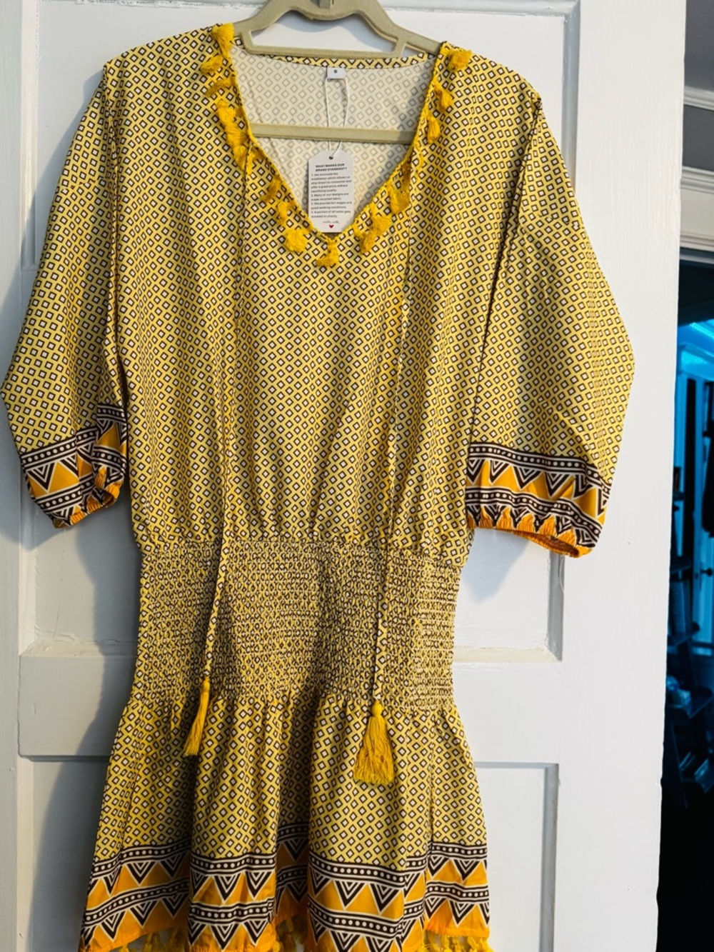 Yellow Geometric Mini Dress with Tassel Detail